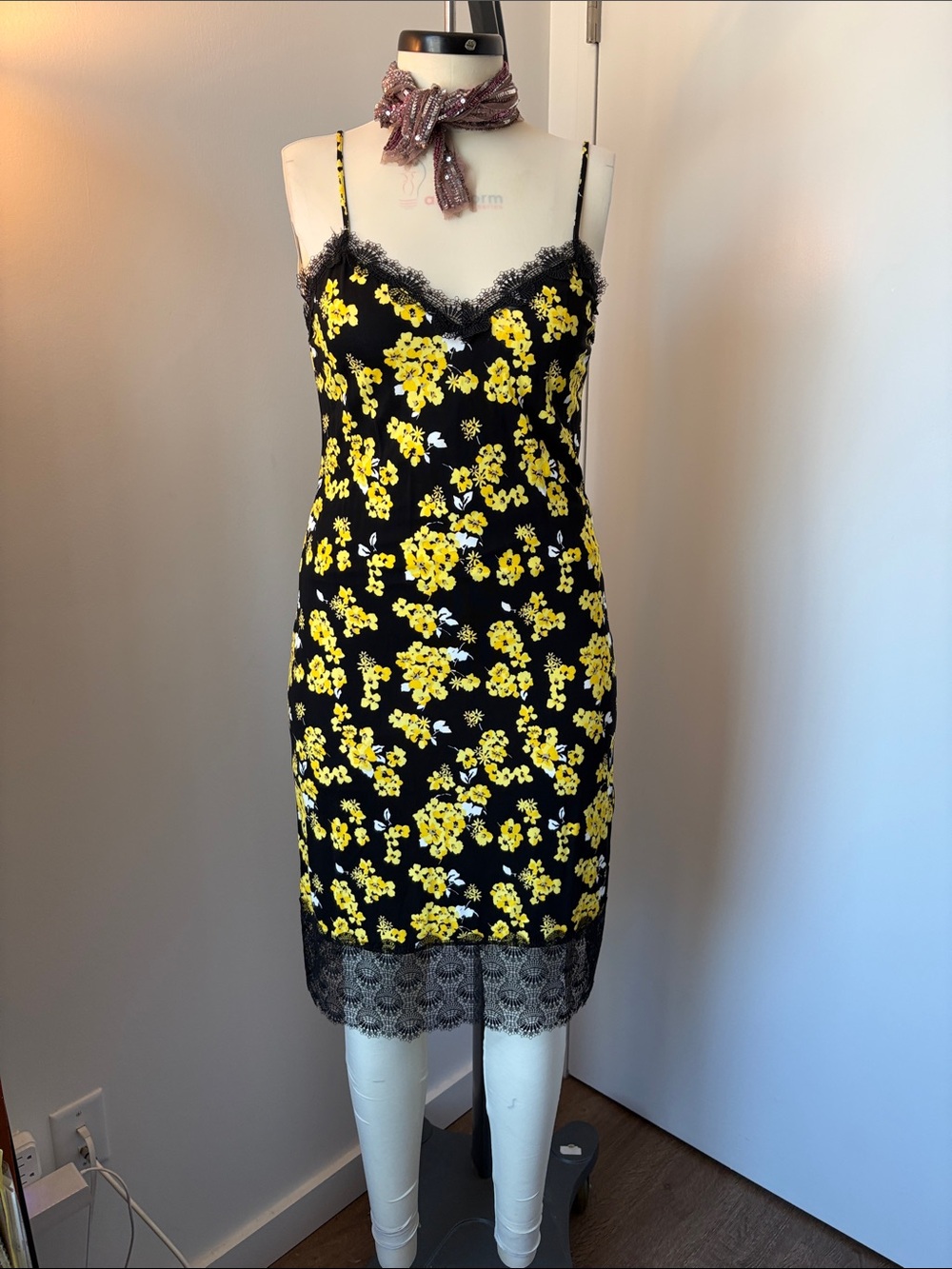 MICHAEL Michael Kors Black Slip Dress with Yellow Floral Print